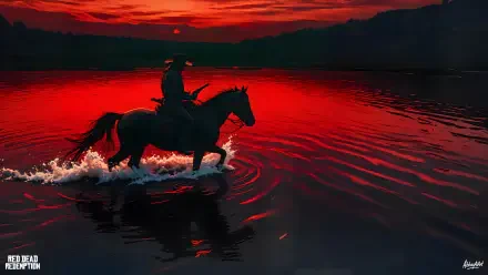 A lone rider on horseback crosses a river at sunset in a vivid red landscape from Red Dead Redemption 2, captured in 8K Ultra HD for PC desktop background.