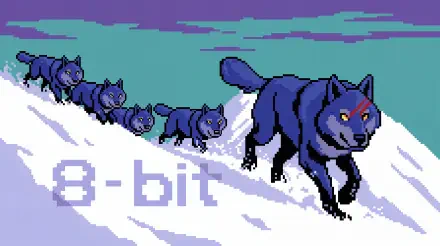 8-bit style Wolf Pack in a snowy landscape, presented as a 4K Ultra HD PC desktop wallpaper and background with pixel art wolves under a vibrant sky.