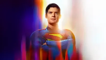 Superman (2025) 4K Ultra HD PC desktop wallpaper and background: heroic portrait in blue suit with S emblem, bathed in vibrant multicolored light streaks.