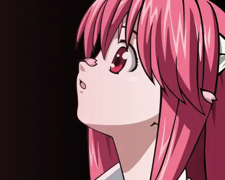 HD anime desktop wallpaper featuring Lucy from Elfen Lied with pink hair and red eyes looking upward against a dark background.