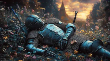 A fallen knight in detailed armor lies among flowers at sunset, evoking a dark fantasy adventure and the silence of death in this HD PC desktop wallpaper.