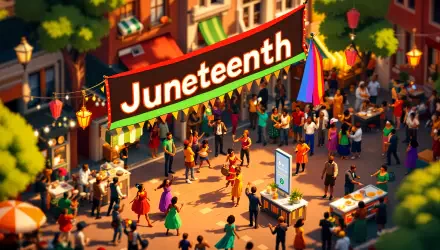 4K Ultra HD PC desktop wallpaper depicting a vibrant Juneteenth street celebration with diverse people, festive decorations, and illuminated banners.