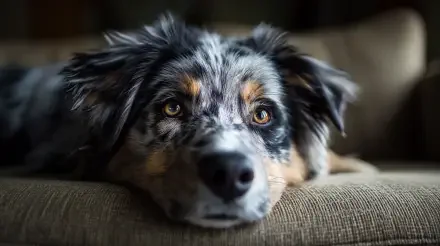 A close-up 4K Ultra HD image of an Australian Shepherd dog resting on a couch, showcasing its expressive eyes and distinctive fur pattern.
