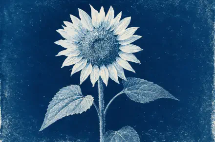 4K Ultra HD PC desktop wallpaper featuring a detailed white and blue sunflower illustration on a textured deep blue background.