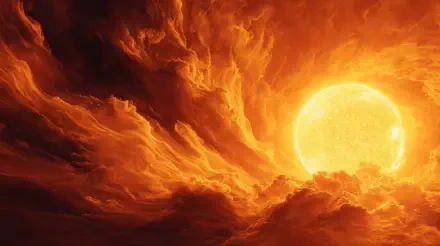 4K Ultra HD PC desktop wallpaper featuring a glowing sun partially obscured by dynamic, fiery orange clouds.