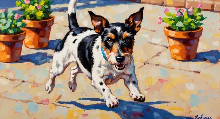 A vibrant 4K Ultra HD PC desktop wallpaper featuring a lively black and white dog playfully running on a sunlit patio surrounded by colorful potted flowers.