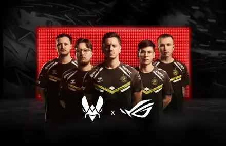 Esports Team Vitality lineup in black and yellow jerseys featured with Asus ROG branding against a red LED backdrop in an HD PC desktop wallpaper.