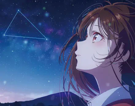 HD PC wallpaper of Chizuru Ichinose from Rent-A-Girlfriend, gazing up at a starry night sky with faint geometric constellations.