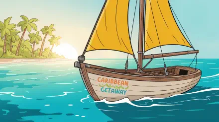4K Ultra HD Caribbean desktop wallpaper featuring a sailboat with yellow sails near a tropical island with palm trees at sunrise or sunset.