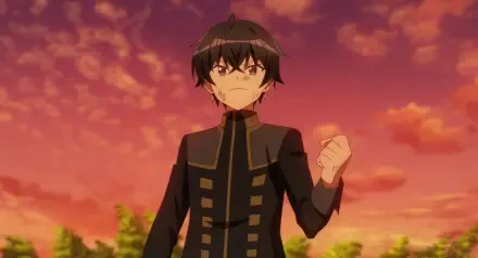 HD anime wallpaper from I'm the Evil Lord of an Intergalactic Empire! featuring a determined young male character against a vibrant sunset sky.