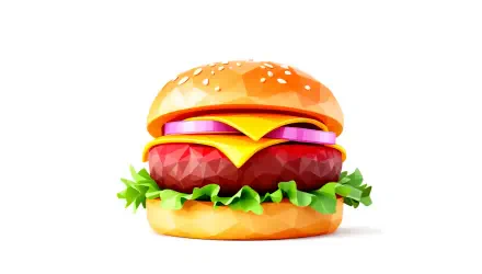 A vibrant cheeseburger illustration with lettuce, tomato, cheese, and sesame seed bun, rendered in 4K Ultra HD as a PC desktop wallpaper and background.