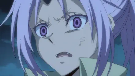 HD PC desktop wallpaper featuring Shion from the anime That Time I Got Reincarnated as a Slime, showing a close-up of her intense, determined expression.