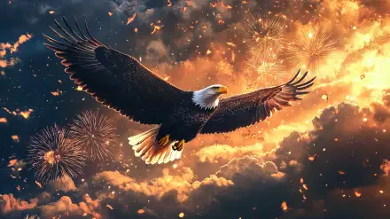HD desktop wallpaper of a bald eagle soaring against a fiery sky with fireworks celebrating the 4th of July Independence Day holiday.