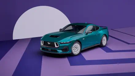 A teal Ford Mustang GT positioned on a stylized purple platform with a large white circle backdrop, shown in 4K Ultra HD as a PC desktop wallpaper.