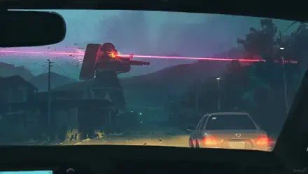 Anime-style HD desktop wallpaper featuring a Mobile Suit Gundam firing a red laser beam across a dark, rainy landscape viewed from inside a car.