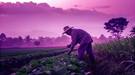 A farmer tending crops at dawn in a scenic field, captured in vibrant purple hues for a 4K Ultra HD PC desktop wallpaper and background.