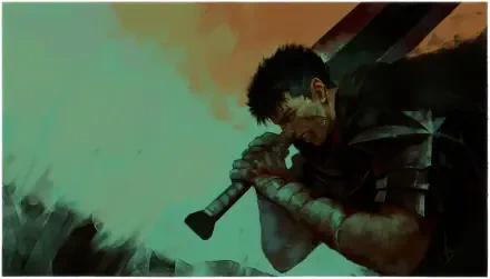 Anime-style 4K Ultra HD wallpaper featuring Guts from Berserk, depicted in dark armor with a large sword against a moody, abstract background.