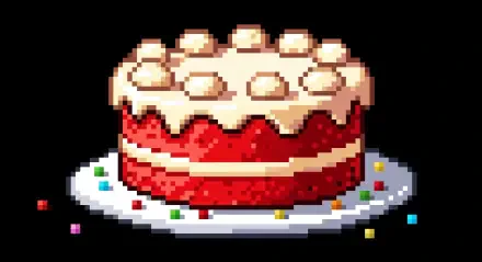 Pixel art of a red velvet cake with white frosting and nuts on top, displayed as a 4K Ultra HD PC desktop wallpaper and background.