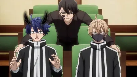 HD anime desktop wallpaper from Tougen Anki featuring three characters in black and white jackets seated with a serious expression in a green and beige setting.