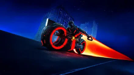Futuristic scene from the movie Tron: Ares featuring a glowing motorcycle on a neon-lit urban street, rendered in 4K Ultra HD for PC desktop wallpaper.
