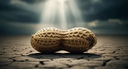 4K Ultra HD desktop wallpaper featuring a close-up of a single peanut resting on cracked, dry ground under dramatic sunlight breaking through dark clouds.