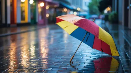A colorful umbrella rests on a wet cobblestone street during rainy weather, captured in vibrant 4K Ultra HD for a striking PC desktop wallpaper.