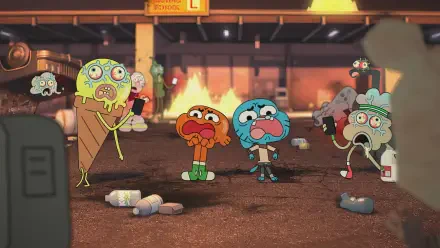 HD PC desktop wallpaper featuring characters from the TV show The Wonderfully Weird World of Gumball in a dramatic, fiery industrial setting.