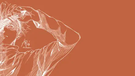 Minimalist orange-themed HD PC wallpaper featuring a line art of Satoru Gojo from the anime Jujutsu Kaisen.