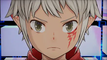 HD PC desktop wallpaper featuring a close-up of a determined character from the video game Digimon Story: Time Stranger with a red lightning scar on the face.