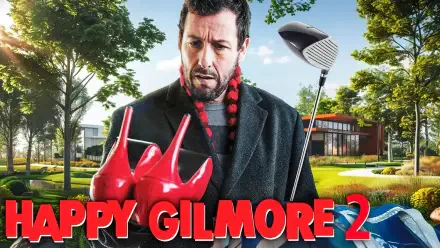 HD PC desktop wallpaper featuring a scene from the movie Happy Gilmore 2, showing a man holding red high heels and a golf club in a suburban outdoor setting.