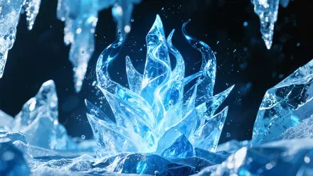 A glowing ice spell shaped like sharp crystalline flames, surrounded by icicles, rendered in stunning 4K Ultra HD for a PC desktop wallpaper background.