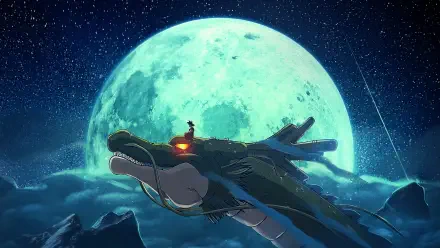 Anime HD PC desktop wallpaper featuring a glowing dragon flying through a starry night sky with a large, luminous full moon in the background.
