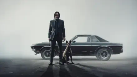 John Wick stands with a dog in front of a classic car, set against a misty background in this 4K Ultra HD PC desktop wallpaper.