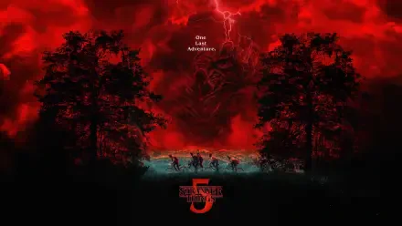 Stranger Things 5 official 4K Ultra HD PC desktop wallpaper featuring a dark red sky, lightning, silhouetted trees, and the main characters running in the foreground.