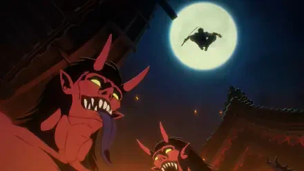 HD PC wallpaper from the video game NINJA GAIDEN: Ragebound, depicting an ambush scene beneath a full moon with two red demons and a silhouetted ninja in mid-air.