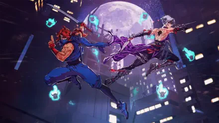 HD PC desktop wallpaper featuring dynamic combat art from the video game NINJA GAIDEN: Ragebound, showcasing two ninjas battling under a full moon in a cityscape.