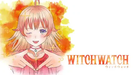 Anime HD PC wallpaper featuring Nico Wakatsuki from WITCH WATCH, with warm orange and yellow tones and the series title displayed beside the character.