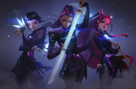 HD PC desktop wallpaper featuring three fierce characters from the movie KPop Demon Hunters, each poised with glowing weapons against a dark, mystical background.
