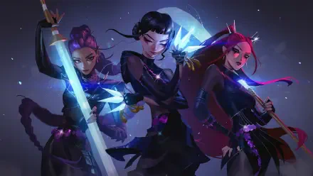 KPop Demon Hunters depicted in a dynamic 4K Ultra HD PC desktop wallpaper, showcasing three fierce characters wielding glowing weapons against a dark, mystical backdrop.