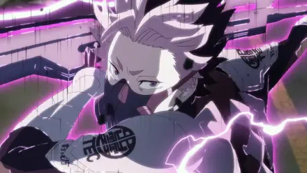 HD PC desktop wallpaper featuring Gen Narumi from the anime Kaiju No. 8, depicted with intense expression and electric purple energy effects.