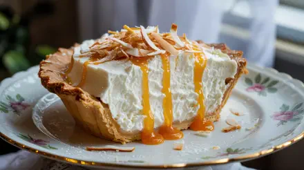 A slice of coconut cream pie with toasted coconut flakes and caramel drizzle on a floral plate, captured in vibrant detail as a 4K Ultra HD PC desktop wallpaper.