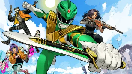 HD PC desktop wallpaper featuring dynamic Fortnite characters in action, including a green-suited hero wielding a sword against a bright blue sky backdrop.