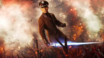 4K Ultra HD PC desktop wallpaper featuring a character from Rebel Moon - Part Two: The Scargiver, standing amid flames and smoke with a glowing blue sword.