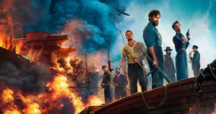 4K Ultra HD desktop wallpaper featuring dramatic characters from The Ministry of Ungentlemanly Warfare with fiery explosions and planes in the background.