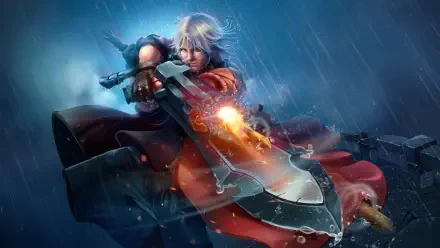 Devil May Cry character with white hair wields a large sword in dynamic action pose, set against a stormy, rain-soaked backdrop in 4K Ultra HD PC desktop wallpaper.