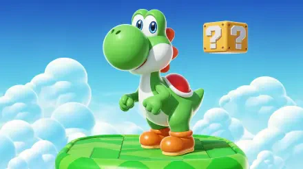 4K Ultra HD PC desktop wallpaper/background: Yoshi stands on a green platform above fluffy clouds with a floating ? block against a bright blue sky.