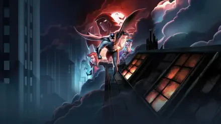 Batman: Caped Crusader 4K Ultra HD PC desktop wallpaper shows Batman perched on a rooftop at night, cape spread, moonlit city skyline and dramatic clouds behind him.