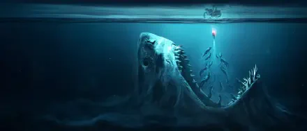 Meg 2: The Trench 4K Ultra HD PC desktop wallpaper: colossal megalodon rising from a dark trench toward a lone bait light and tiny boat on the surface.