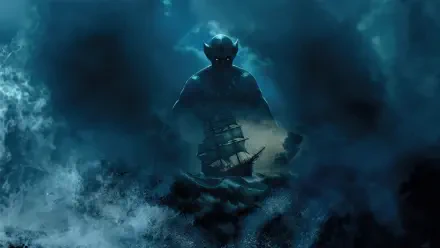 8K Ultra HD PC desktop wallpaper of The Last Voyage of the Demeter: a glowing-eyed shadowy figure rising from stormy seas, looming over a lone wooden sailing ship amid swirling mist.