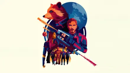 Stylized poster of Star-Lord and Rocket with other Guardians silhouetted against a blue planet — Guardians of the Galaxy Vol. 3, 4K Ultra HD PC desktop wallpaper and background.